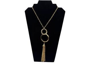 Gold Tone Interlocking Circles Tassel Pendant Necklace Rhinestone Accent 32" L